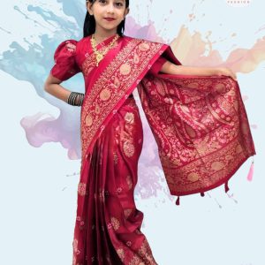 বড় ফুল জাপানী সিল্ক মেরুন Ready saree (Code 112)