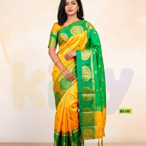 হলুদ ও সবুজ রঙের সিল্ক ব্লেন্ড শাড়ি (Code 508)