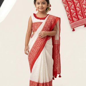 রাবার প্রিন্ট রেডি শাড়ি লাল-সাদা  (Code 220)